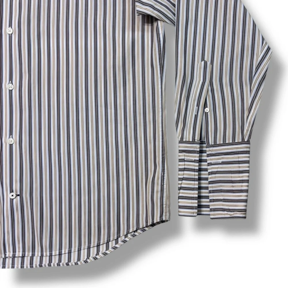 BANANA REPUBLIC Tan & Blue Striped Oxford Cotton Button Front Dress Shirt